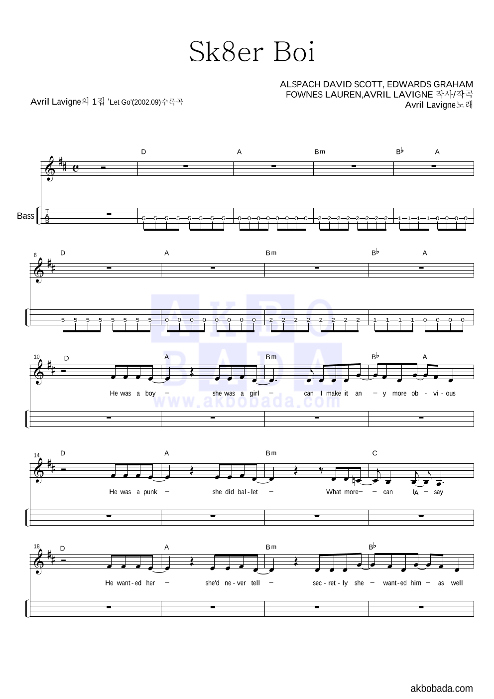 Avril Lavigne - Sk8er Boi 베이스(Tab) 악보 