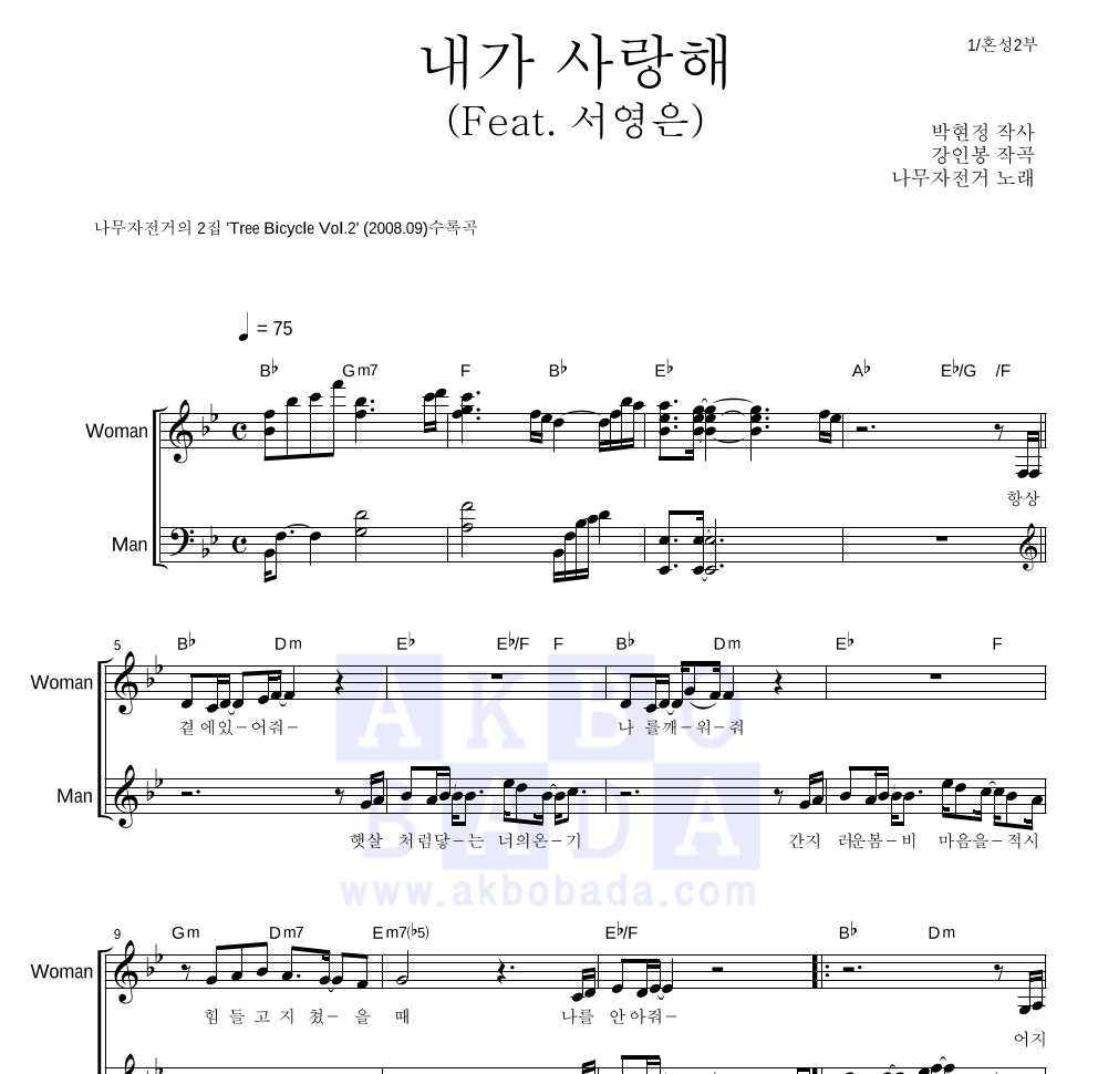 나무자전거 - 내가 사랑해 (Feat. 서영은) 멜로디 악보 