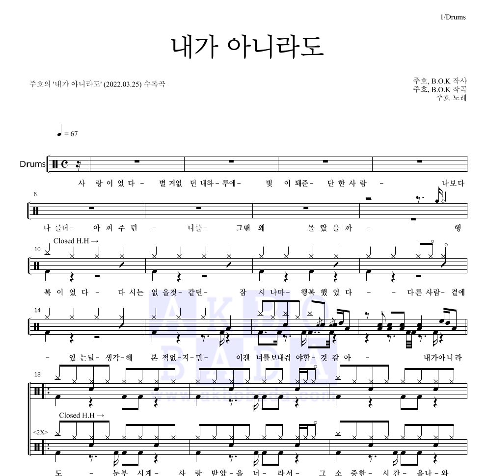 주호 - 내가 아니라도 드럼(Tab) 악보 