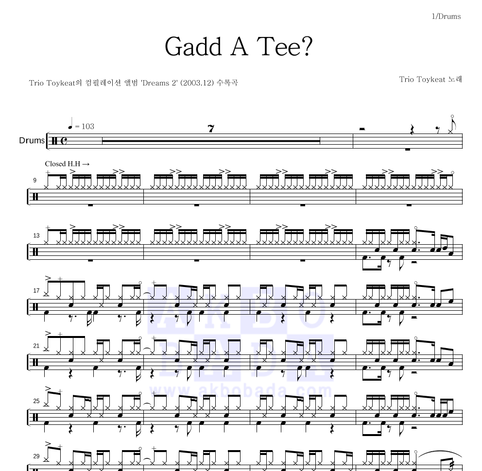 Trio Toykeat - Gadd A Tee? 드럼(Tab) 악보 