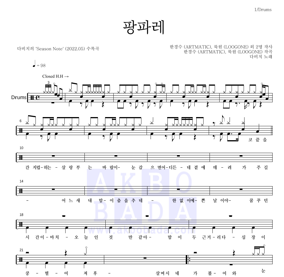 다비치 - 팡파레 드럼(Tab) 악보 