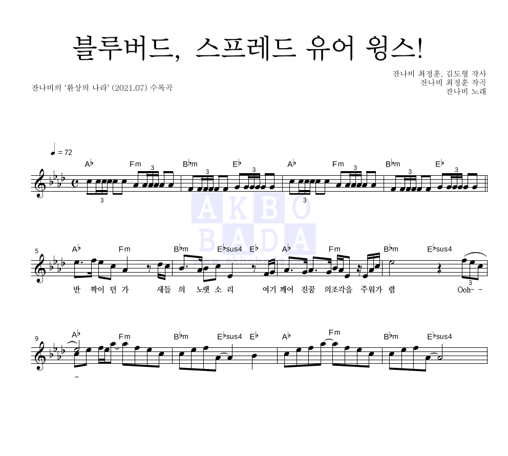 잔나비 - 블루버드, 스프레드 유어 윙스! 멜로디 악보 