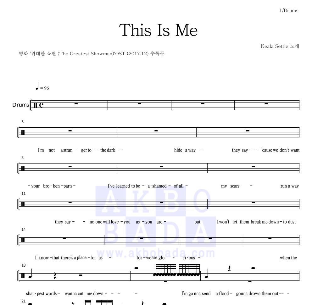 Keala Settle - This Is Me 드럼(Tab) 악보 