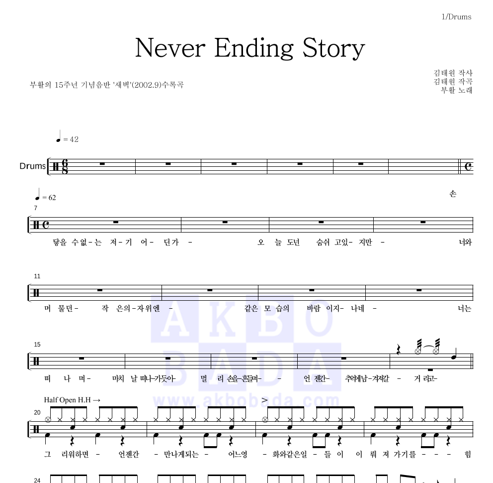 부활 - Never Ending Story 드럼(Tab) 악보 