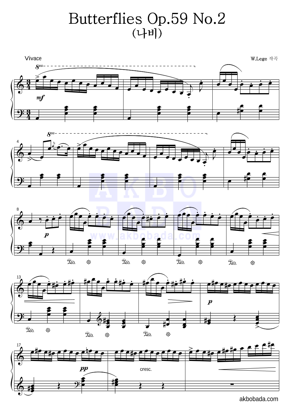 레게 - Butterflies Op.59 No.2 (나비) 피아노 2단 악보 