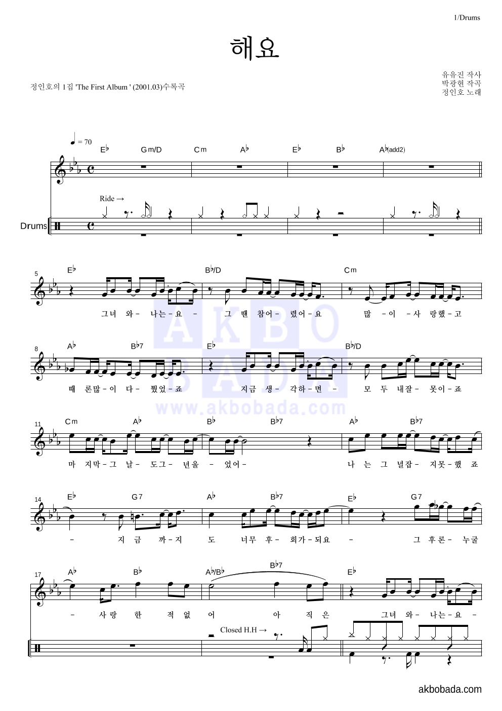 정인호 - 해요 드럼 악보 