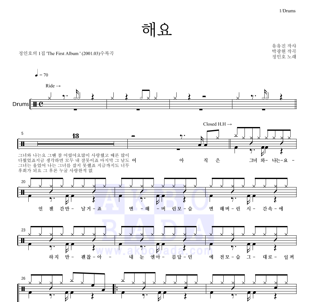 정인호 - 해요 드럼(Tab) 악보 