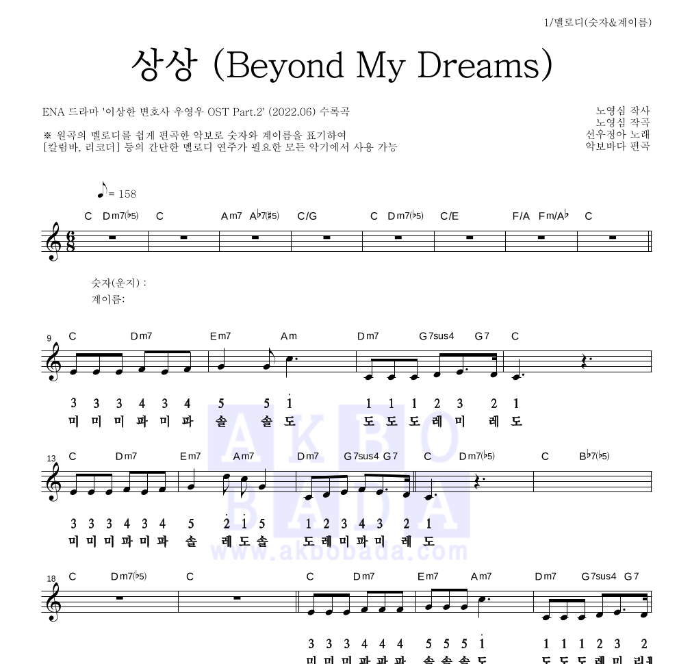 선우정아 - 상상 (Beyond My Dreams) 멜로디-숫자&계이름 악보 