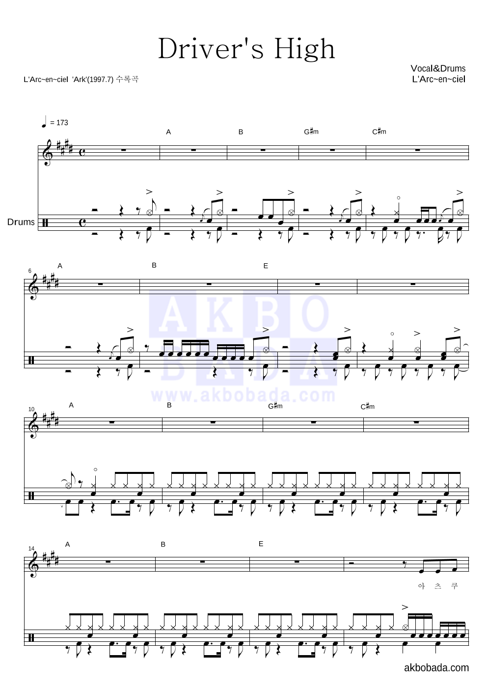 L'Arc~En~Ciel - Driver's High 드럼 악보 