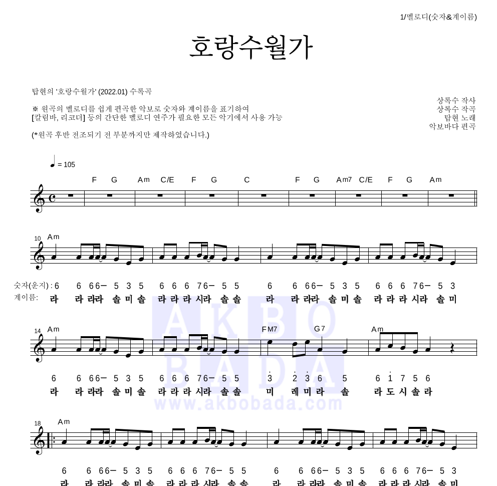 탑현 - 호랑수월가 멜로디-숫자&계이름 악보 