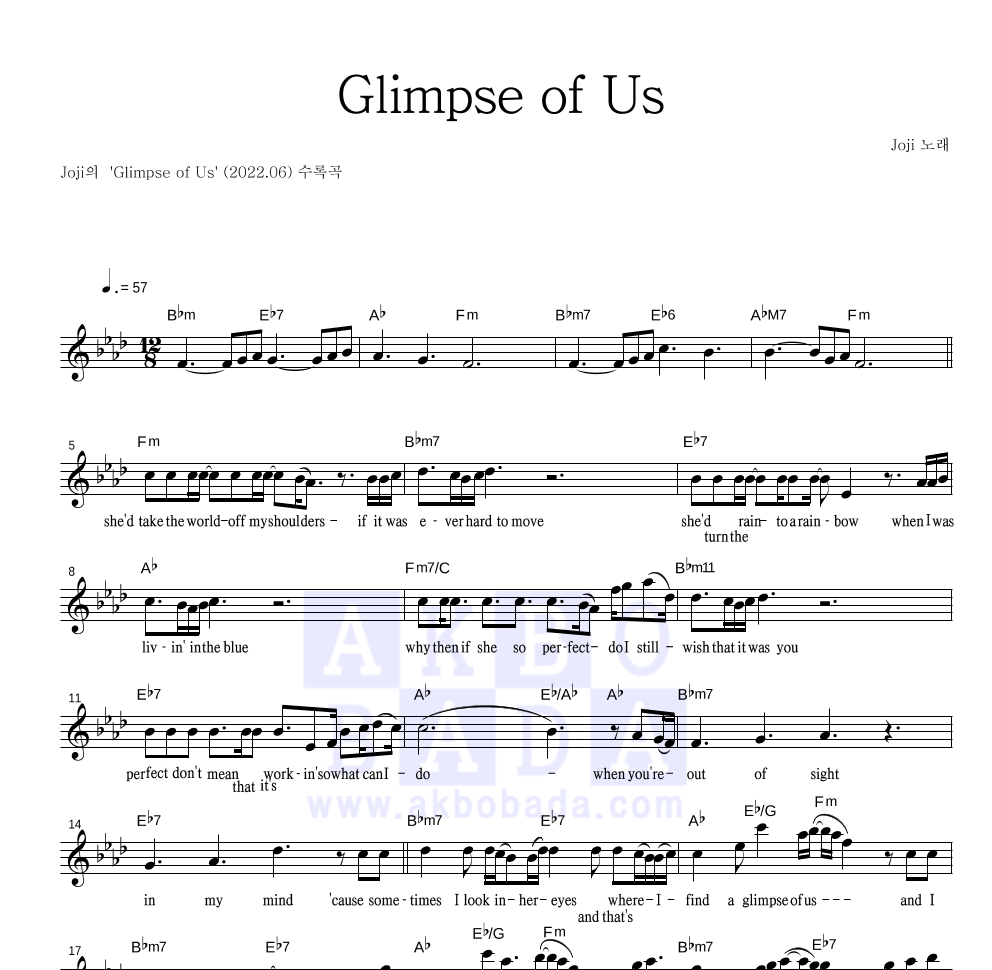 Joji - Glimpse of Us 멜로디 악보 