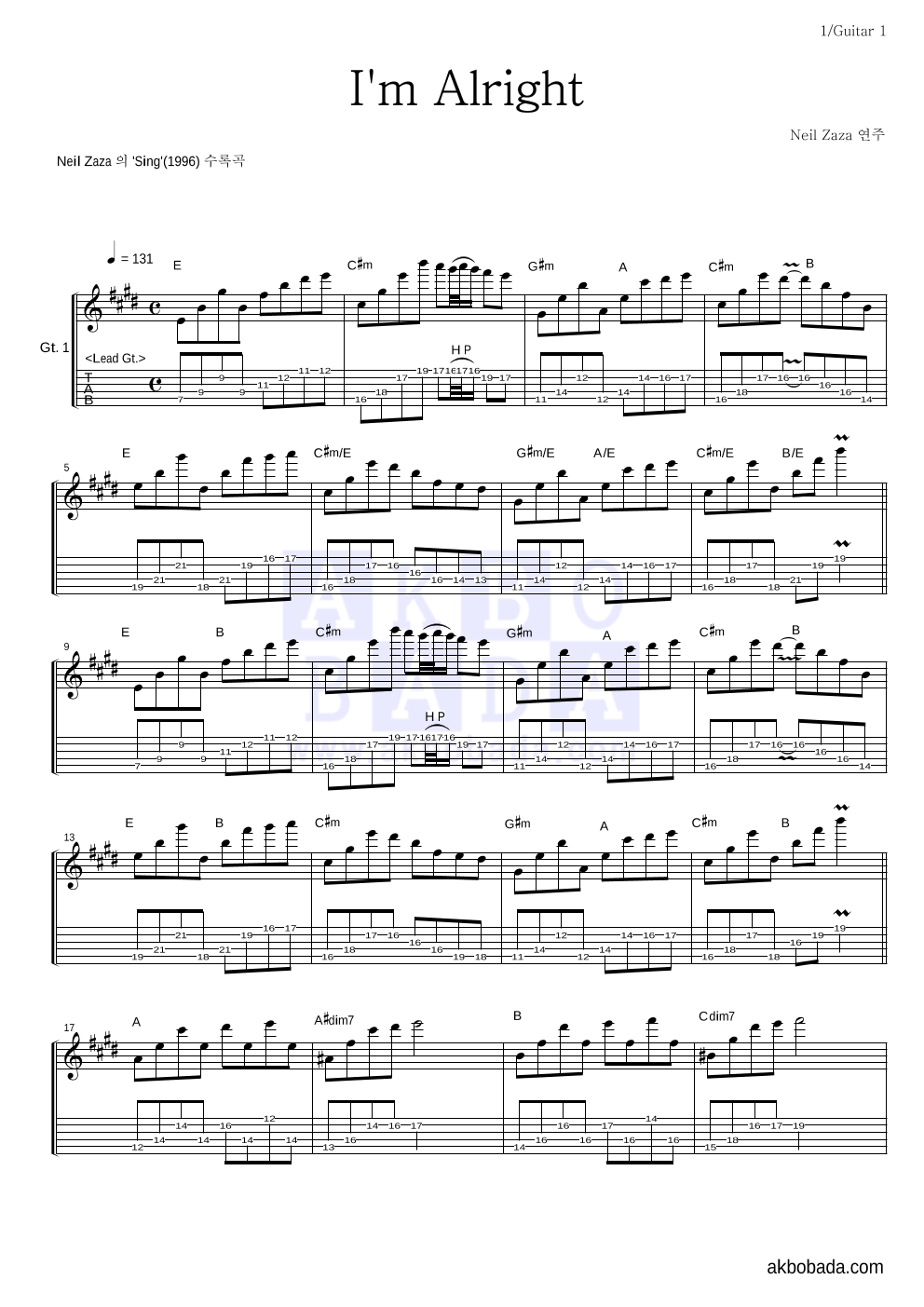 Neil Zaza - I'm Alright 기타1,2 악보 