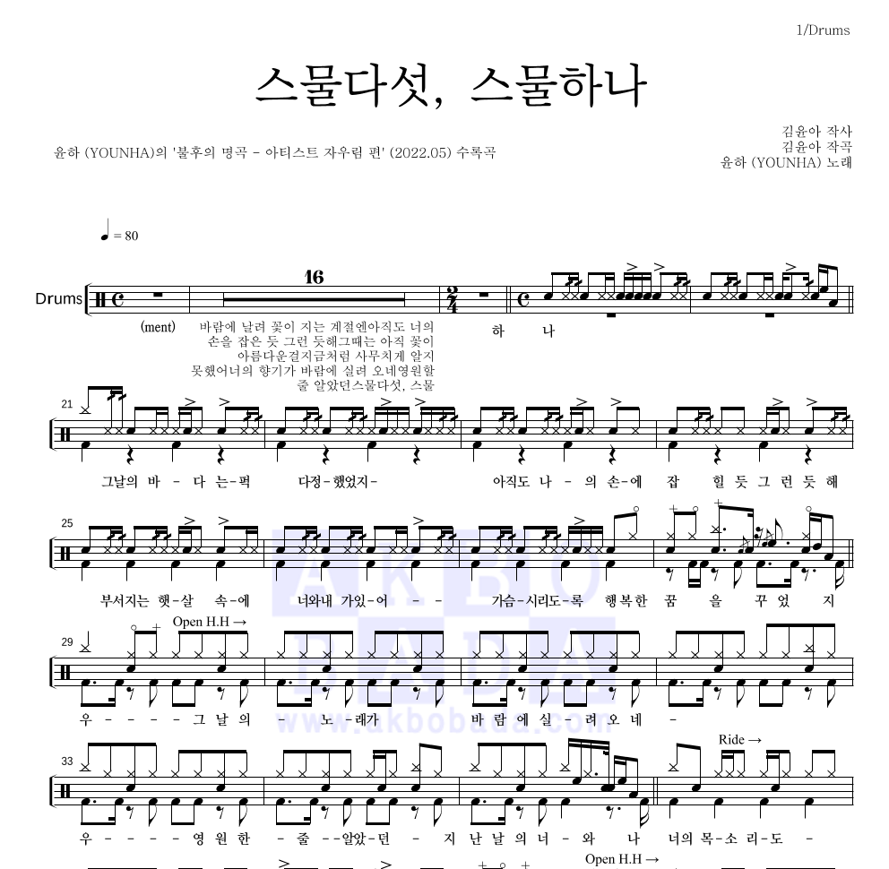 윤하 - 스물다섯, 스물하나 드럼(Tab) 악보 