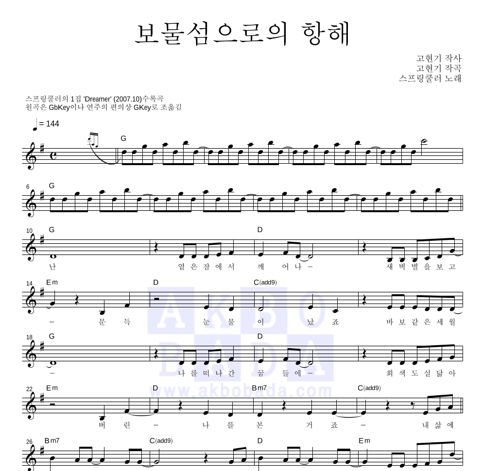 스프링쿨러 - 보물섬으로의 항해 멜로디 악보 