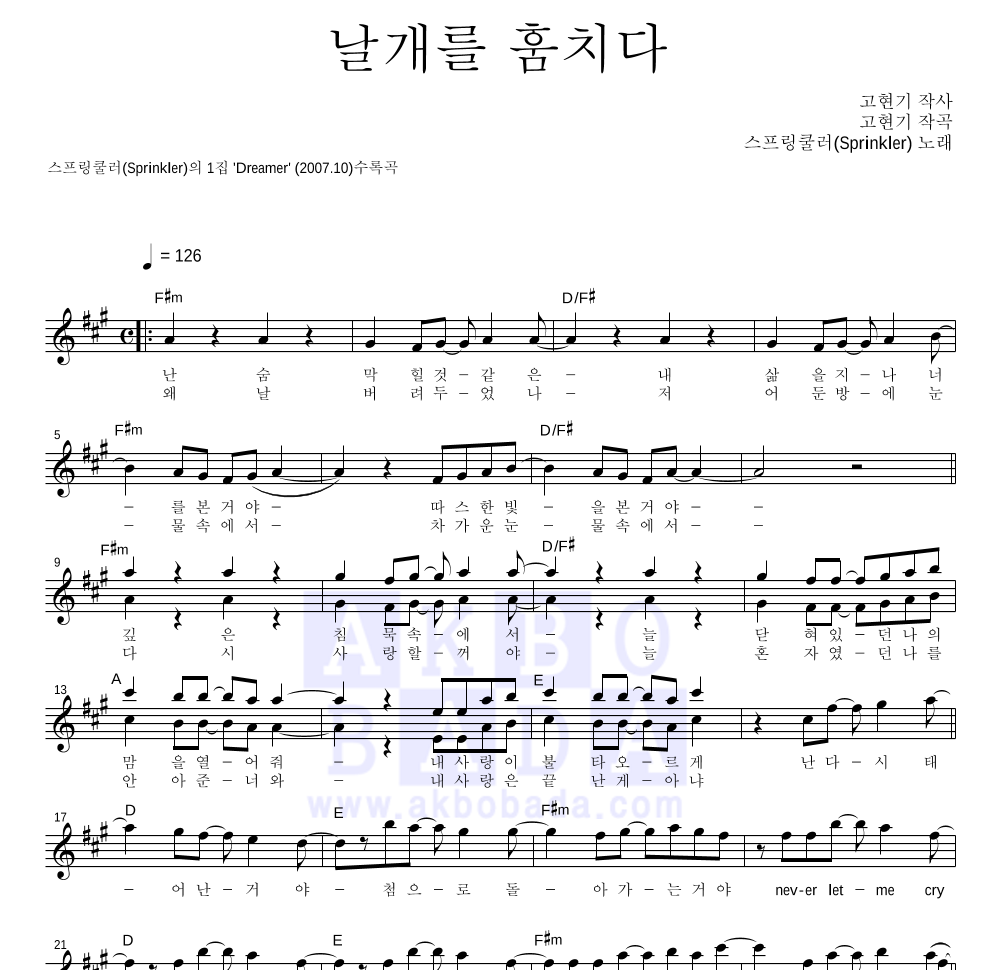 스프링쿨러 - 날개를 훔치다 멜로디 악보 