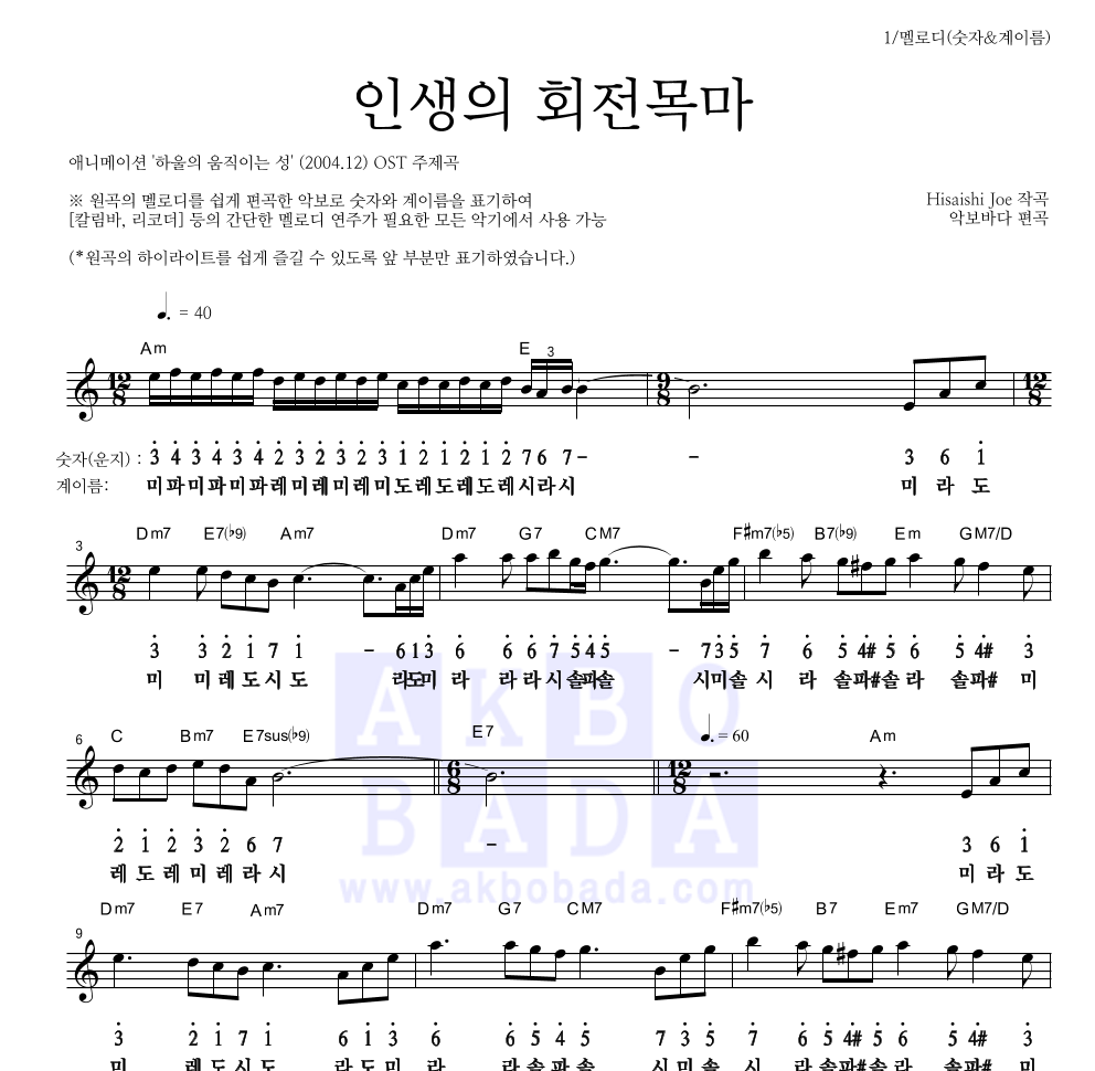 Hisaishi Joe - 인생의 회전목마 멜로디-숫자&계이름 악보 