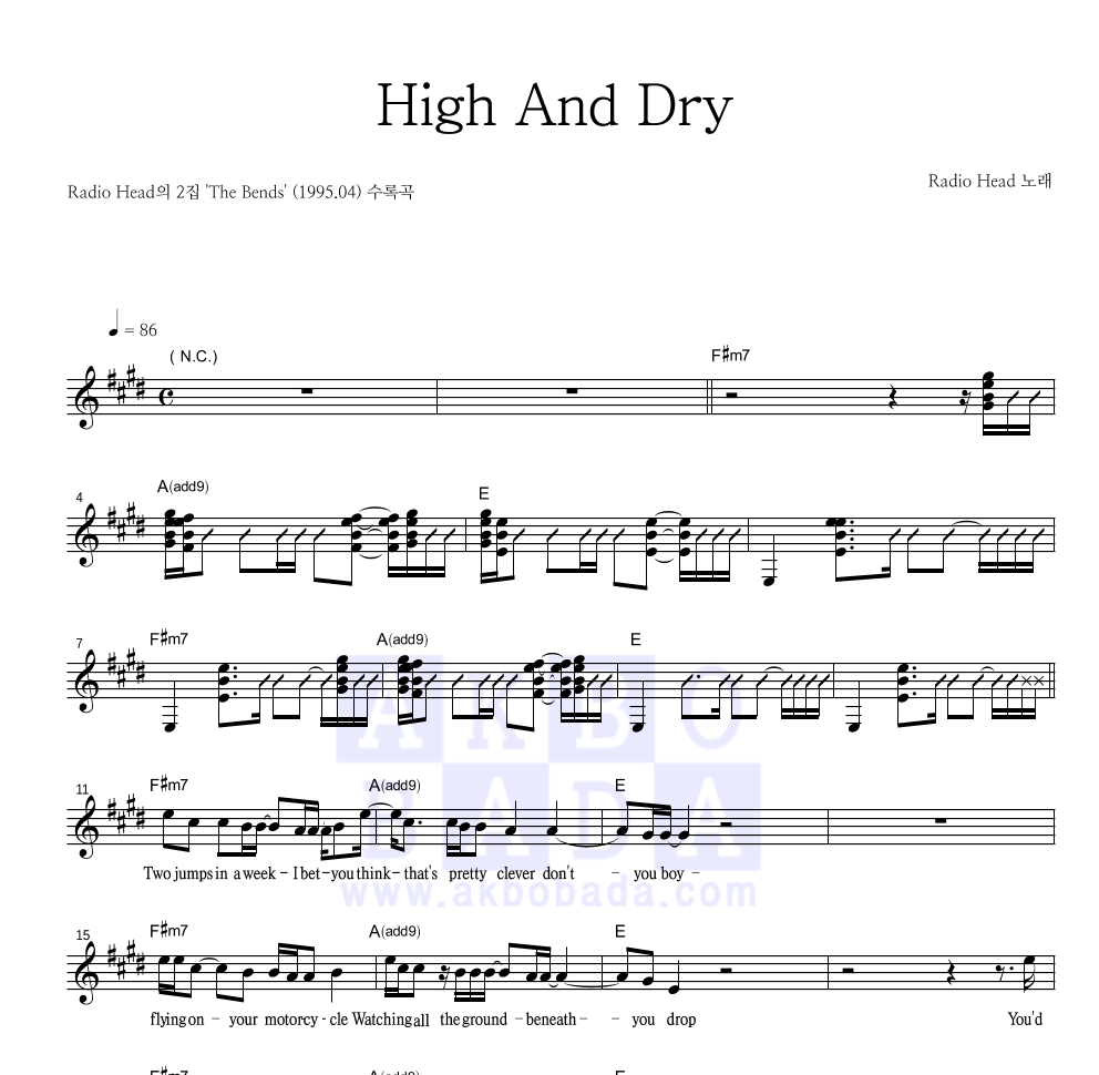 Radiohead - High And Dry 멜로디 악보 