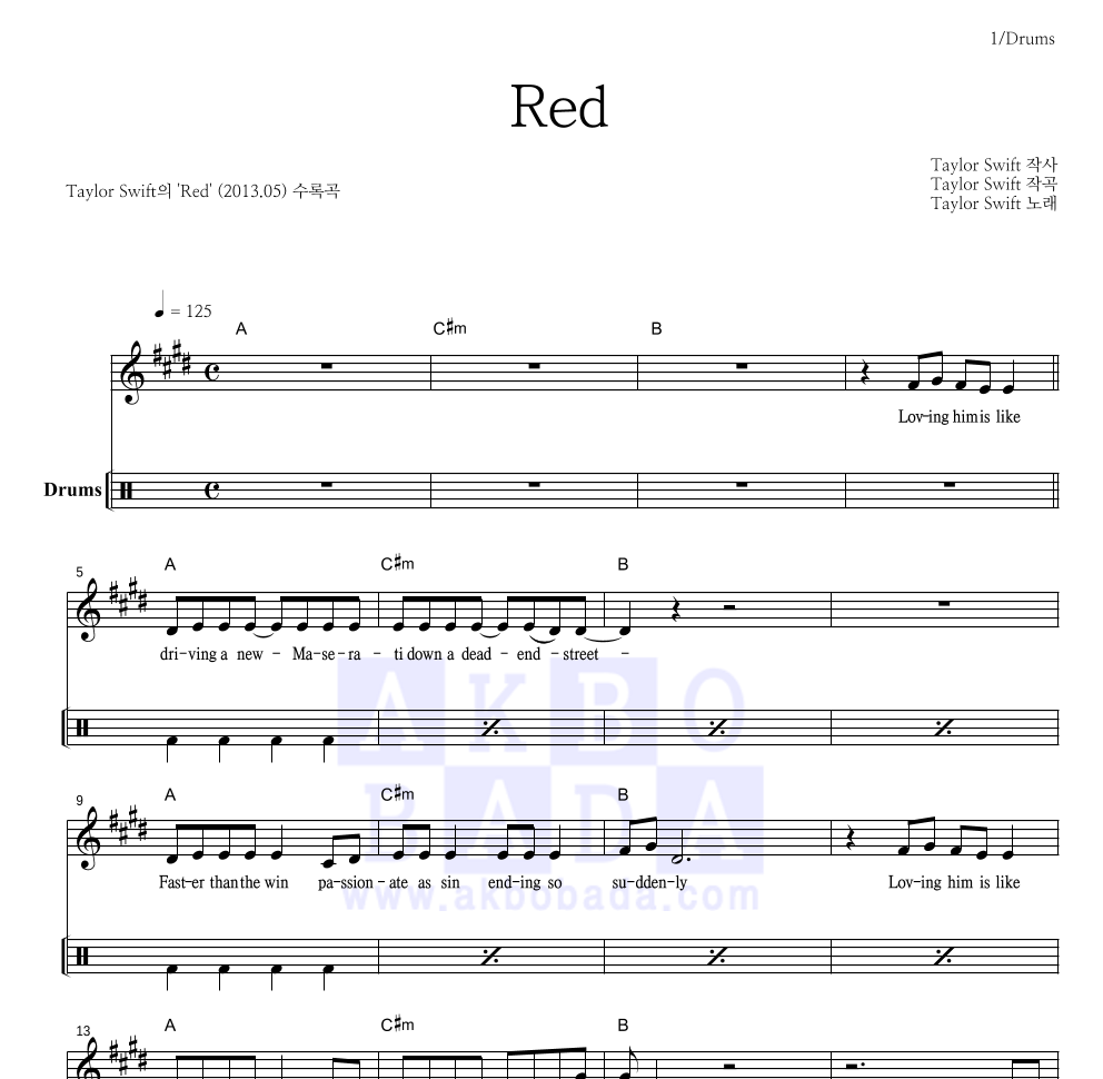 Taylor Swift - Red 드럼 악보 