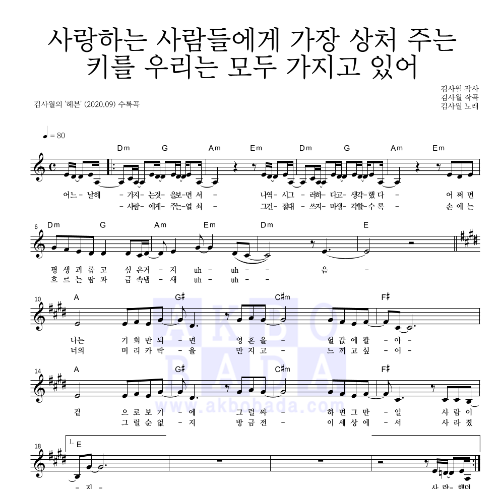 김사월 - 사랑하는 사람들에게 가장 상처 주는 키를 우리는 모두 가지고 있어 멜로디 악보 