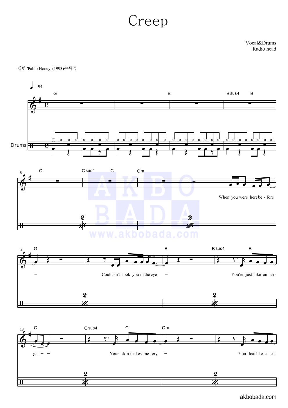 Radiohead - Creep 드럼-쉬워요 악보 