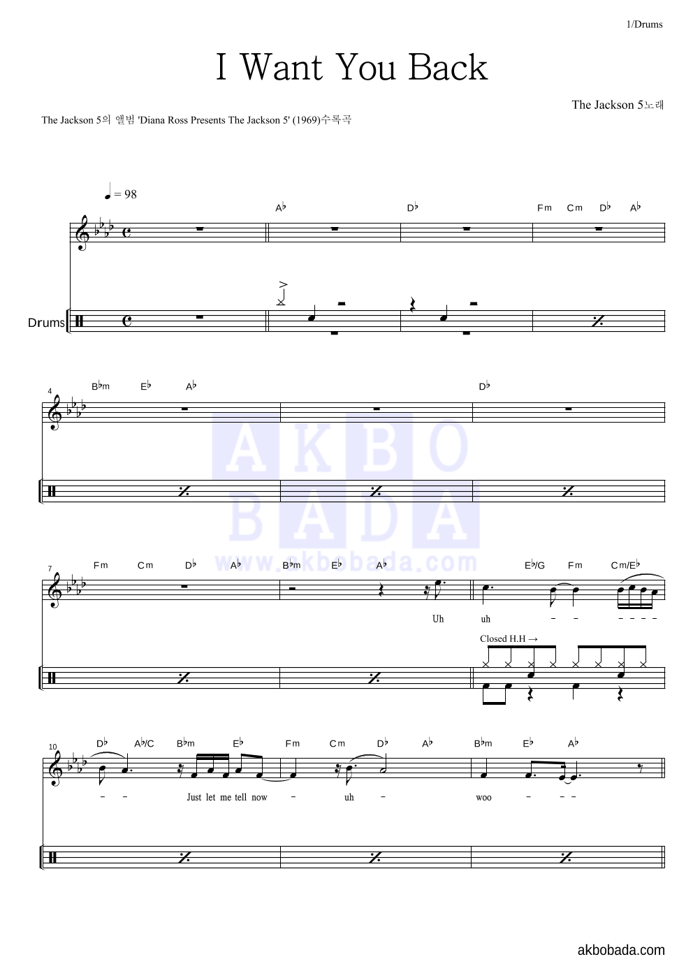 The Jackson 5 - I Want You Back 드럼-쉬워요 악보 