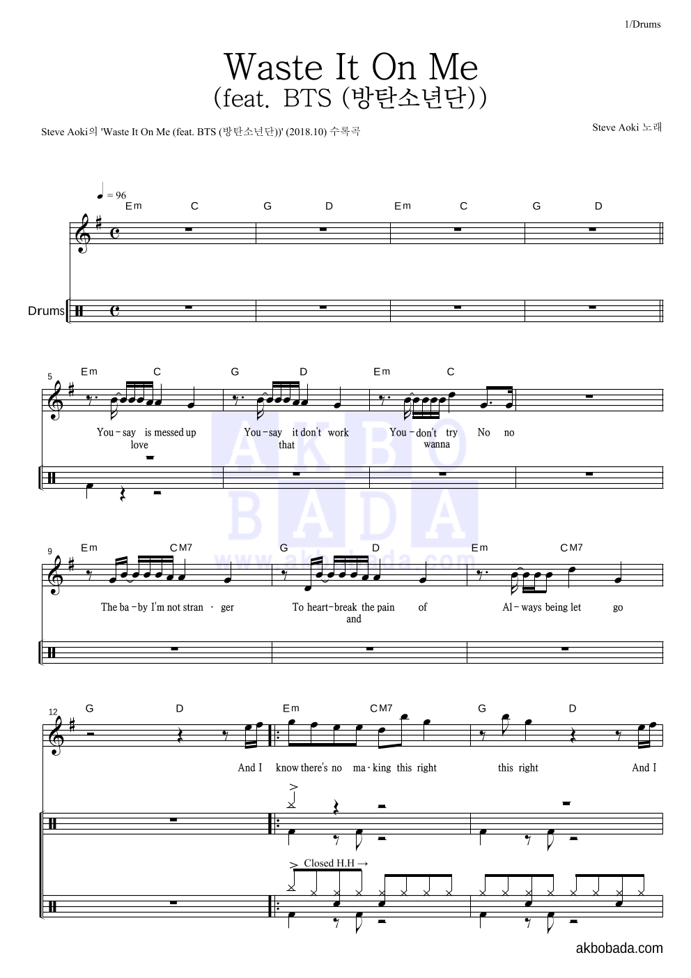 Steve Aoki - Waste It On Me (feat. BTS (방탄소년단)) 드럼-쉬워요 악보 