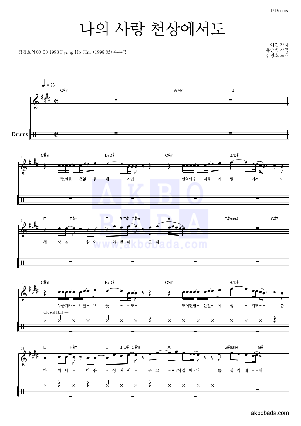 김경호 - 나의 사랑 천상(天上)에서도 드럼-쉬워요 악보 