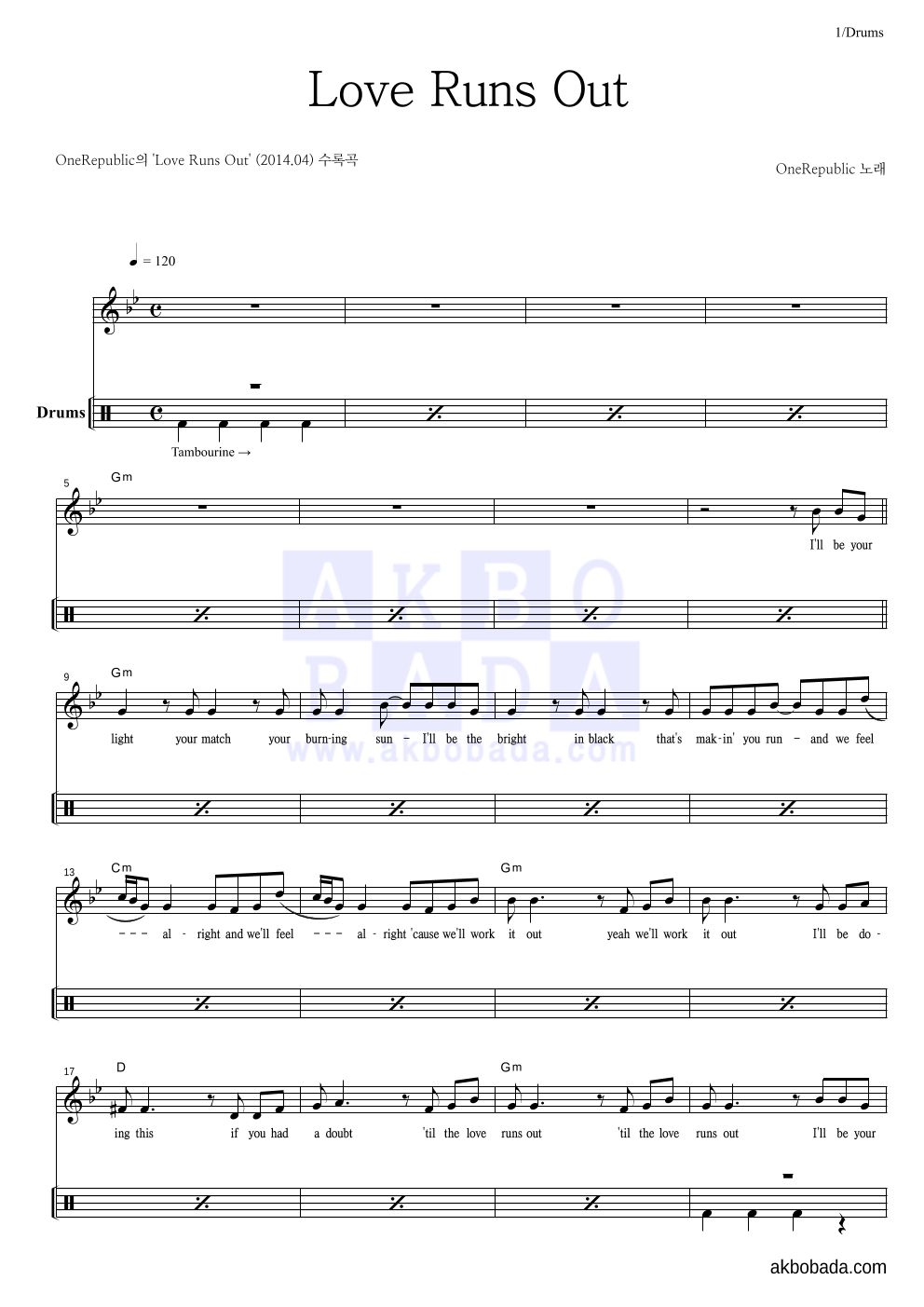 OneRepublic - Love Runs Out 드럼-쉬워요 악보 