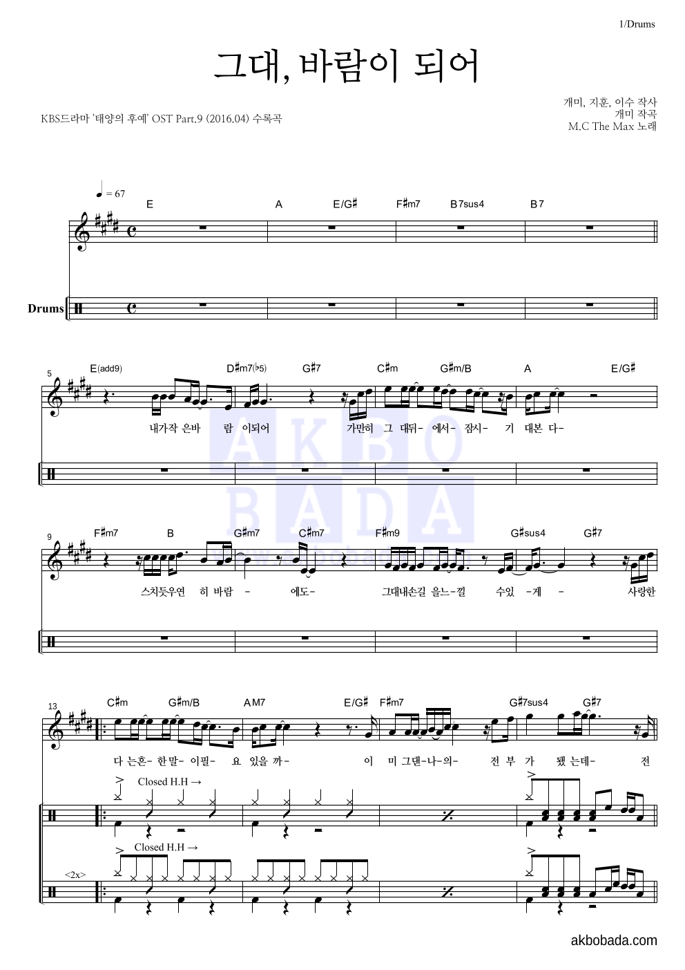 엠씨더맥스 - 그대, 바람이 되어 드럼-쉬워요 악보 