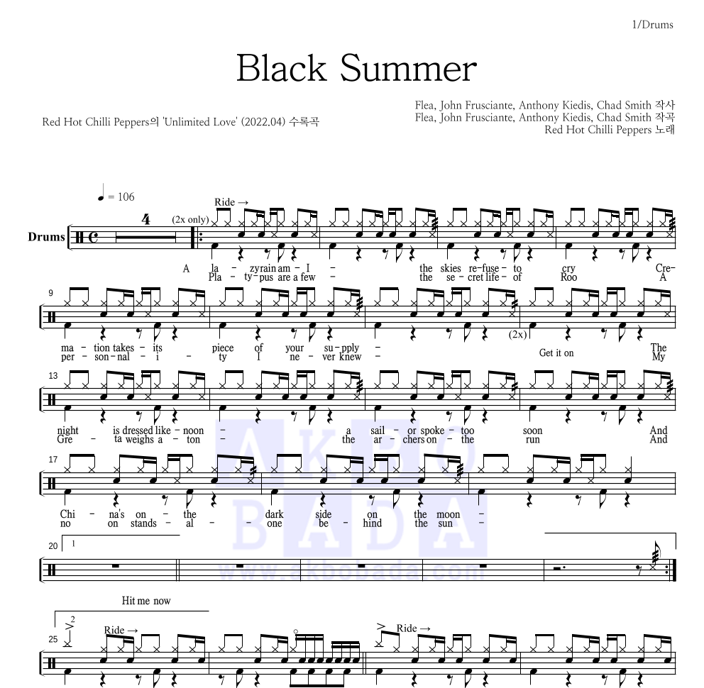 Red Hot Chili Peppers - Black Summer 드럼(Tab) 악보 