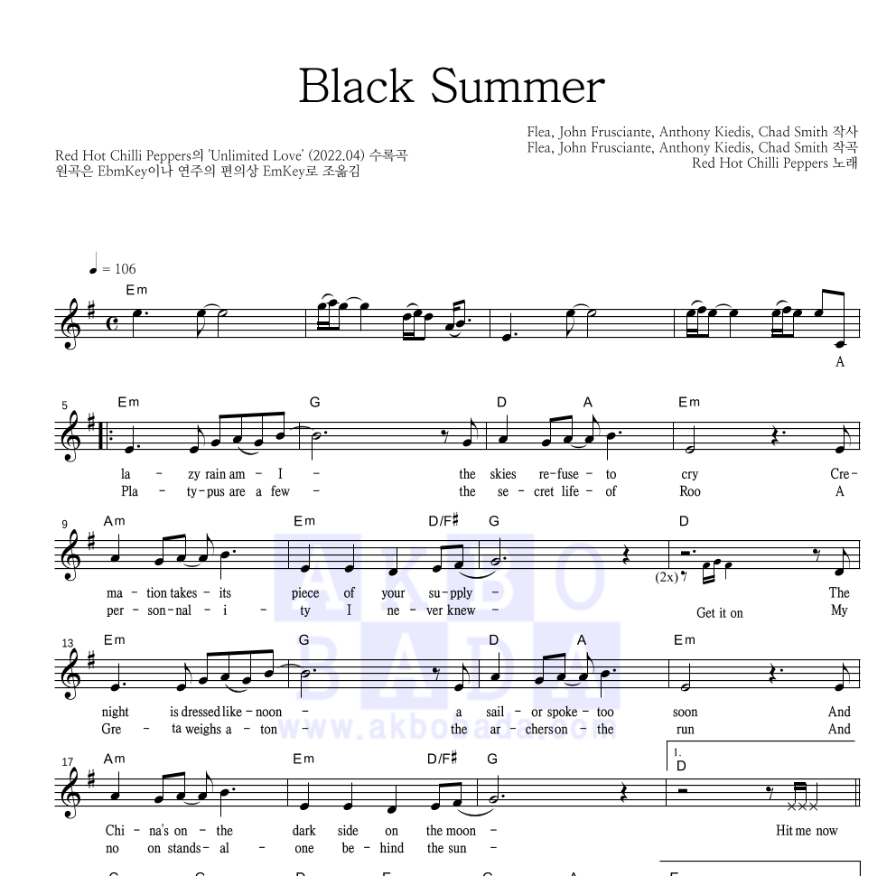 Red Hot Chili Peppers - Black Summer 멜로디 악보 