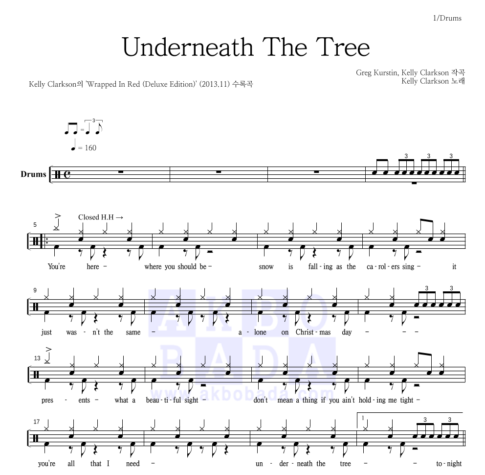 Kelly Clarkson - Underneath The Tree 드럼(Tab) 악보 
