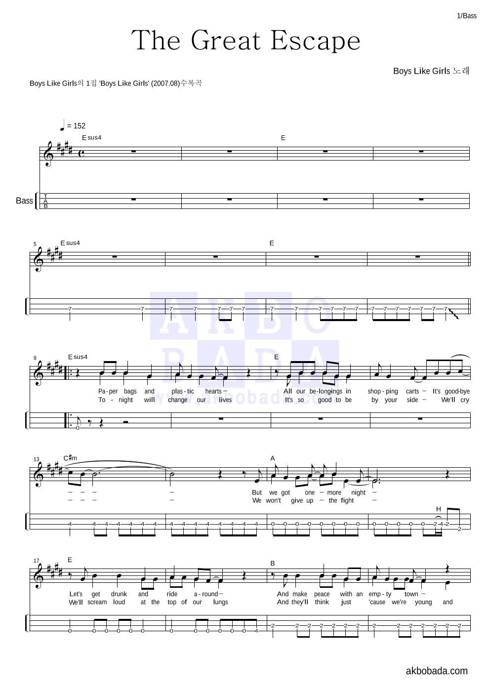 Boys Like Girls - The Great Escape 베이스(Tab) 악보 