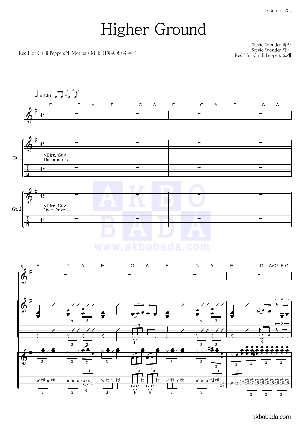 Red Hot Chili Peppers - Higher Ground 기타1,2 악보 