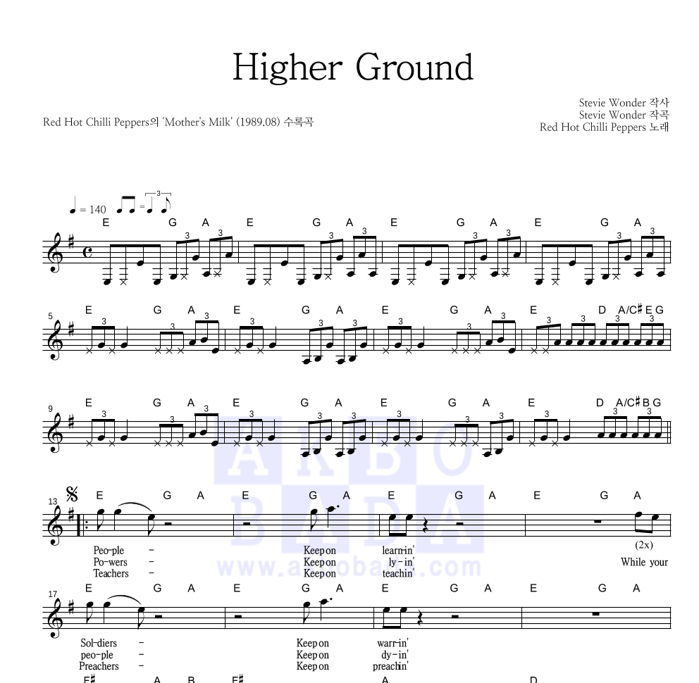 Red Hot Chili Peppers - Higher Ground 멜로디 악보 