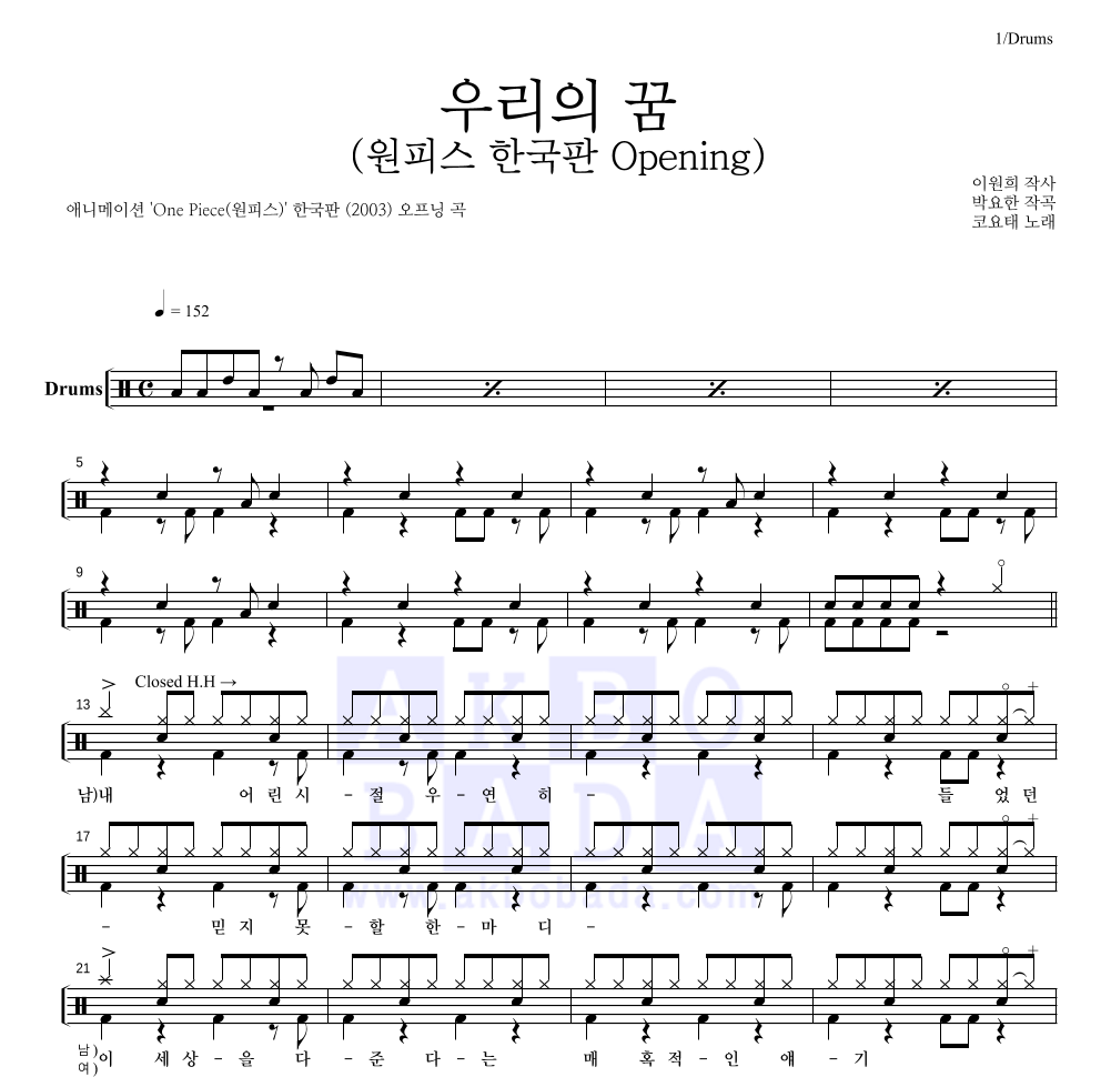 코요태 - 우리의 꿈 (원피스 한국판 Opening) 드럼(Tab) 악보 