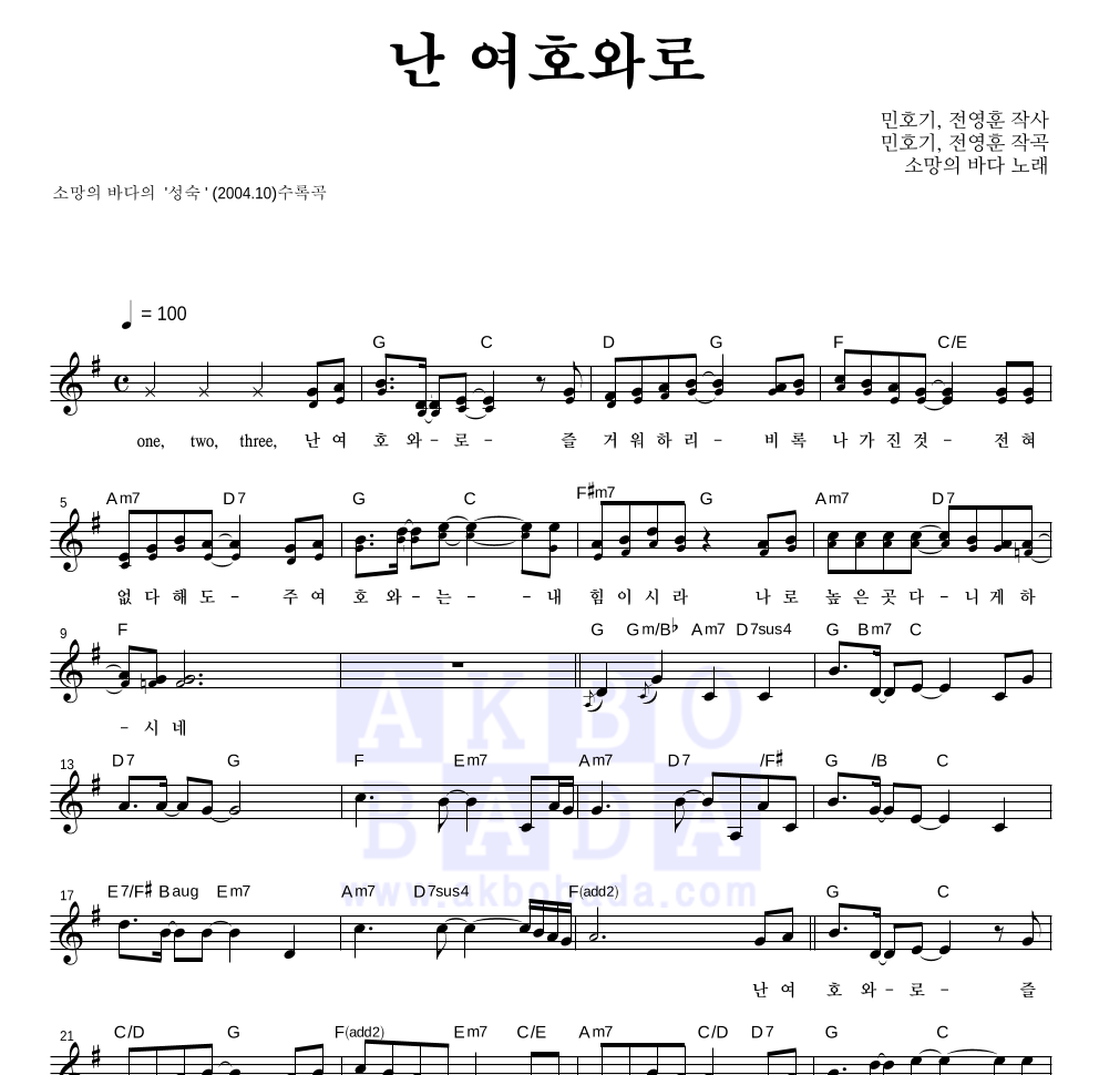 소망의 바다 - 난 여호와로 멜로디 악보 