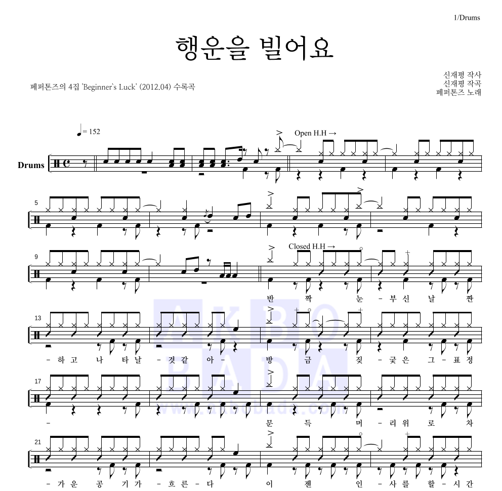 페퍼톤스 - 행운을 빌어요 드럼(Tab) 악보 