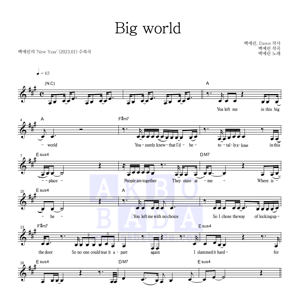 백예린 - Big world 멜로디 악보 