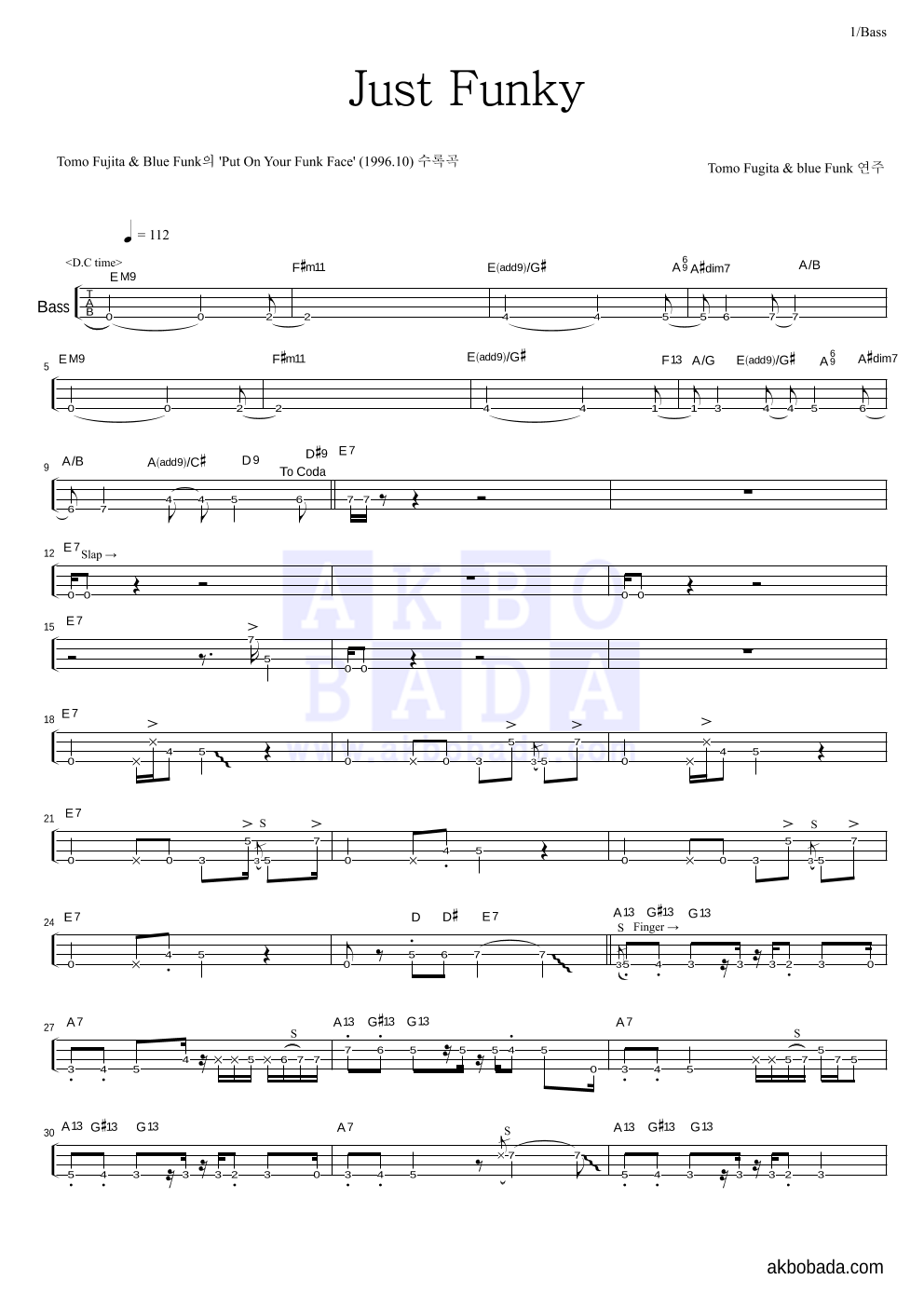Tomo Fujita,Blue Funk - Just Funky 베이스(Tab) 악보 
