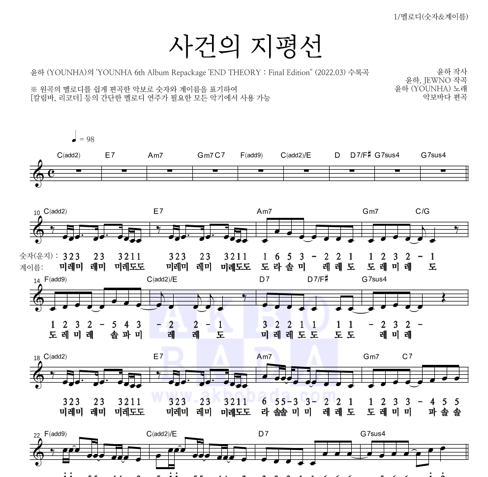 윤하 - 사건의 지평선 멜로디-숫자&계이름 악보 