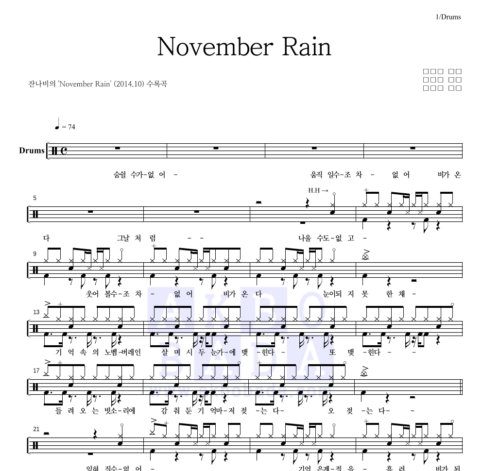 잔나비 - November Rain 드럼(Tab) 악보 