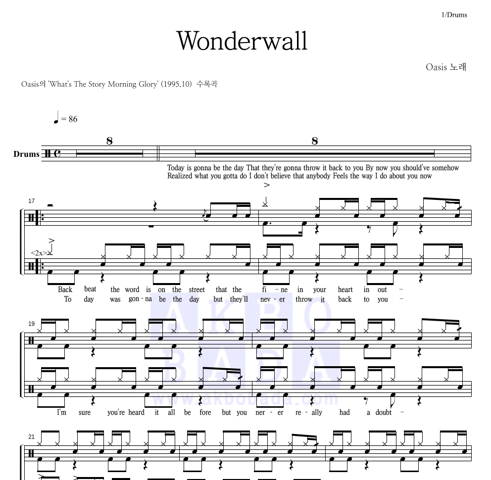 Oasis - Wonderwall 드럼(Tab) 악보 