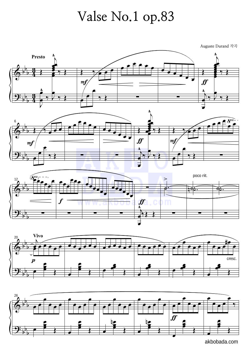 Auguste Durand - Valse No.1 op.83 피아노 2단 악보 