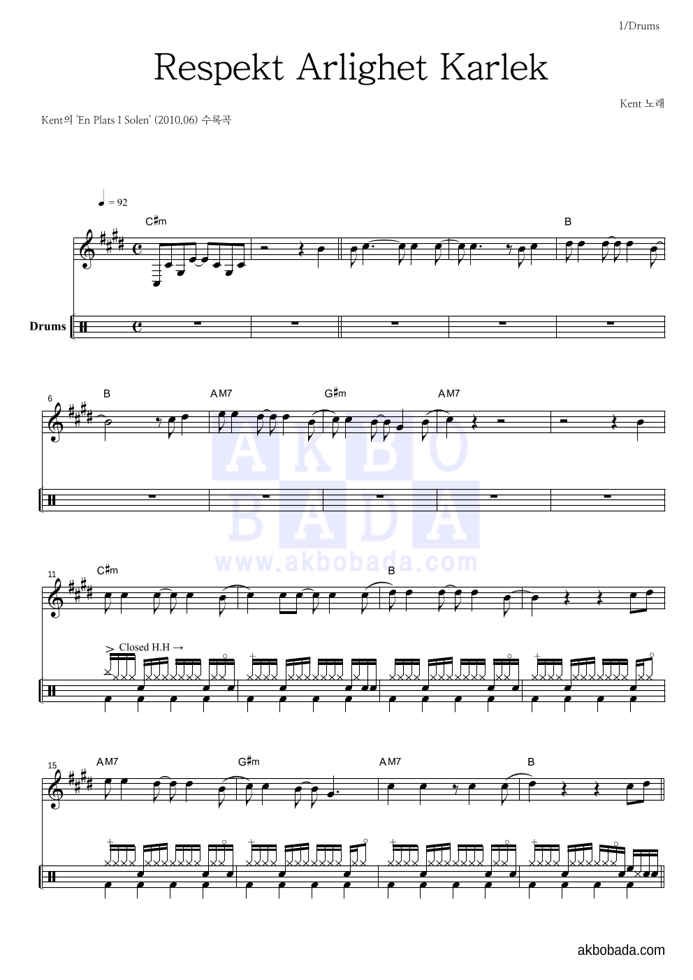 Kent - Respekt Arlighet Karlek 드럼 악보 
