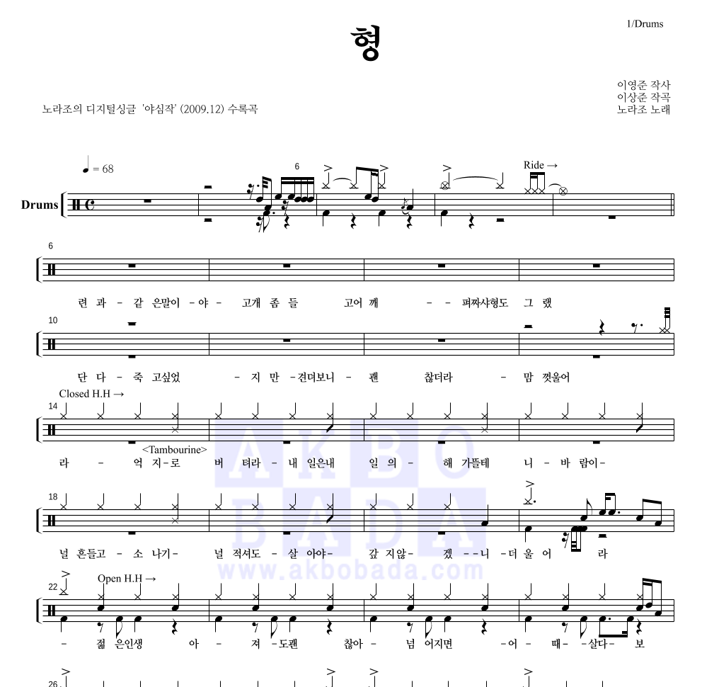 노라조 - 형 (兄) 드럼(Tab) 악보 