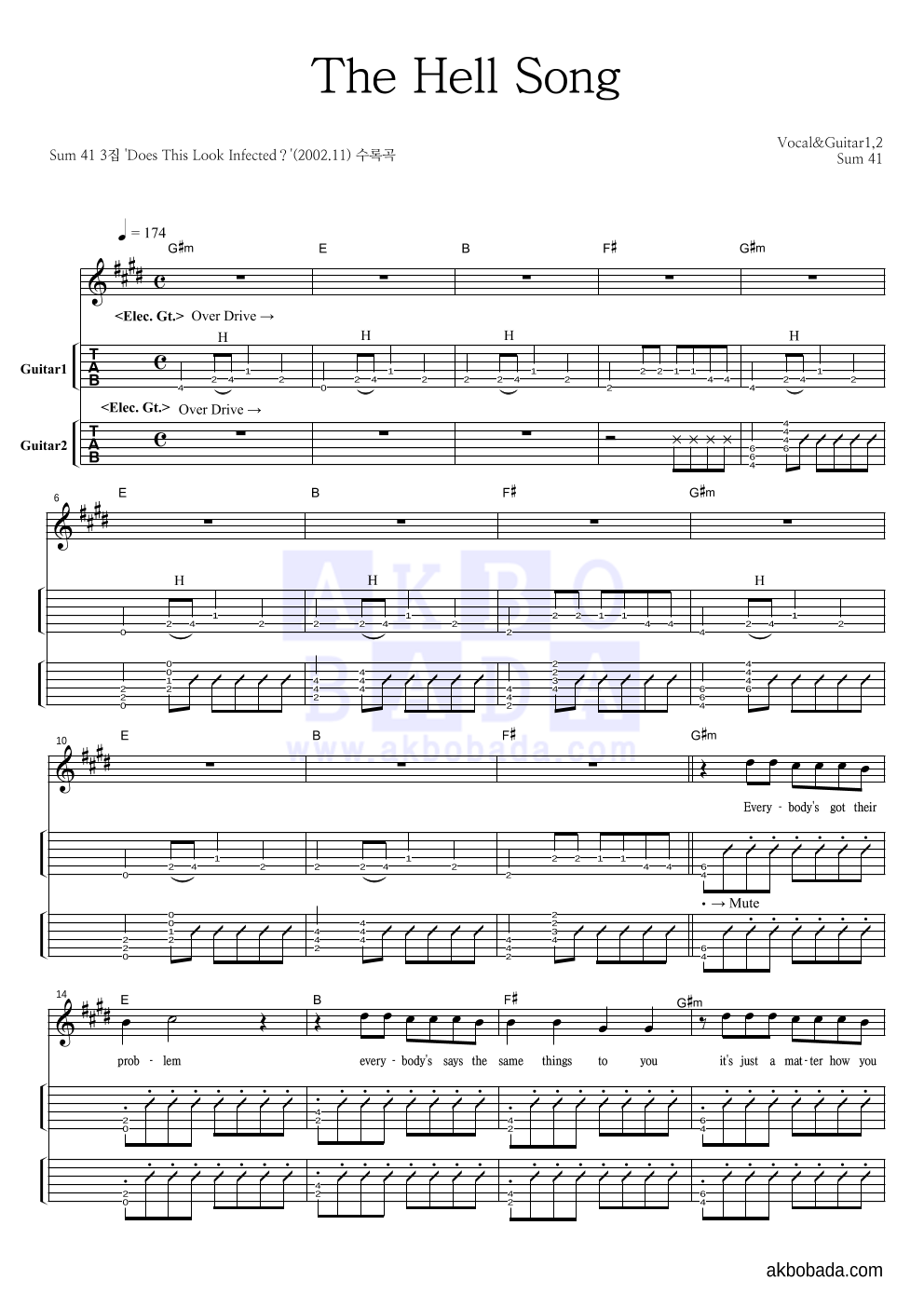 Sum 41 - The Hell Song 기타(Tab) 악보 