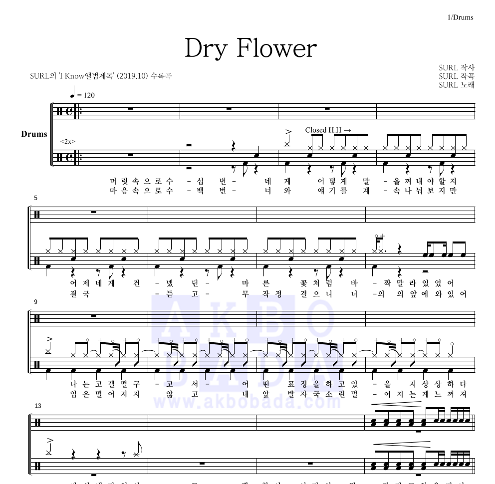SURL(설) - Dry Flower 드럼(Tab) 악보 