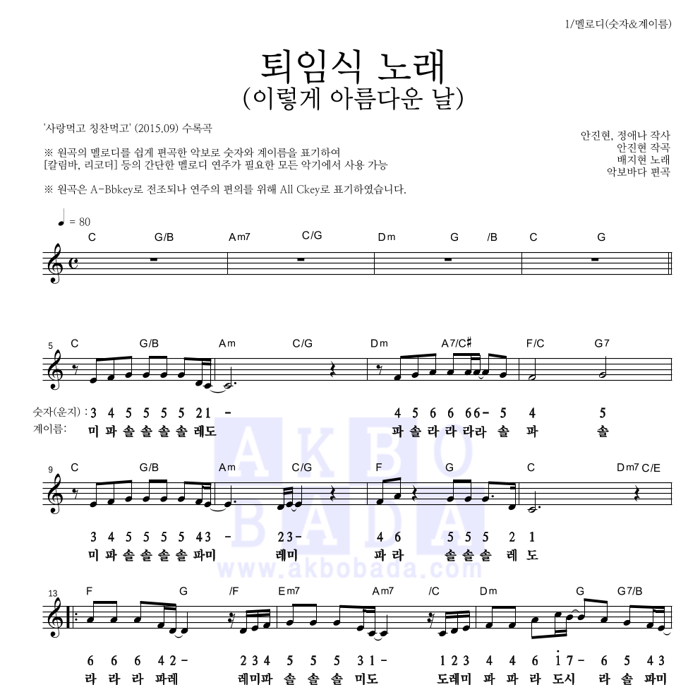 배지현 - 퇴임식 노래 (이렇게 아름다운 날) 멜로디-숫자&계이름 악보 