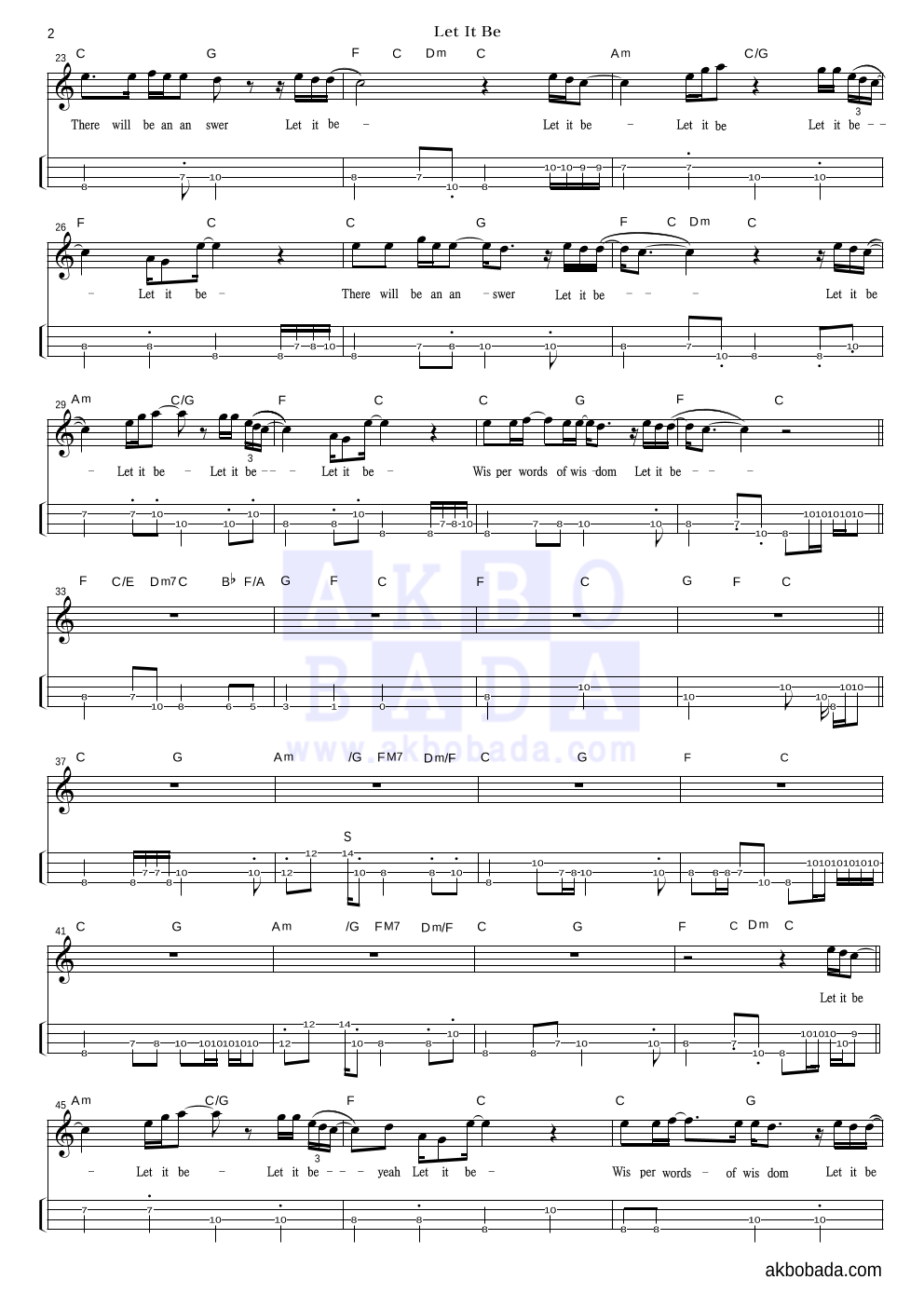 Beatles - Let it be (Single Ver.) 베이스(Tab) 악보 